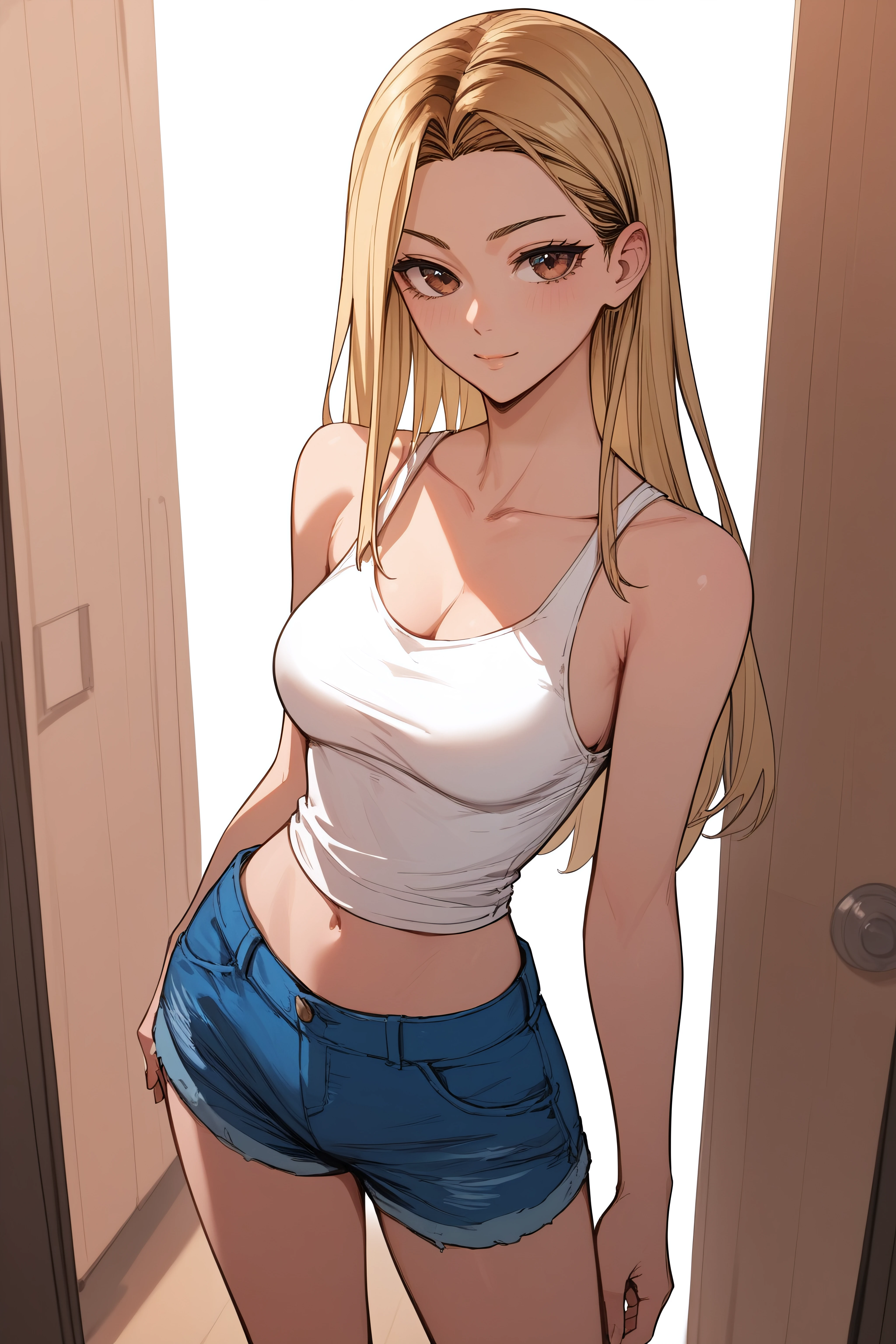 score_9, score_8_up, score_7_up, <lora:Jia Han-PonyXL-lora-Faxtron:0.8> jia han, brown eyes, blonde hair, multicolored hair, long hair, medium breasts, white tank top, bare shoulders, collarbone, sleeveless, blue denim shorts, standing,