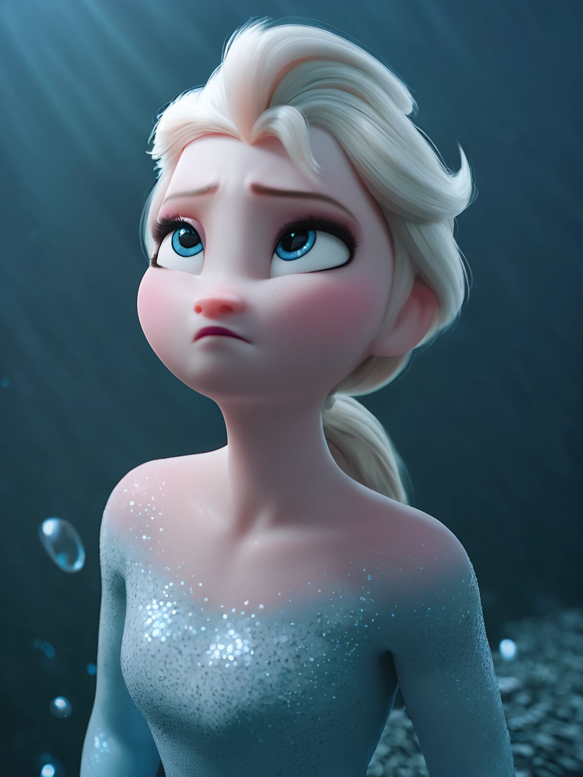 score_9, score_8_up, score_7_up, score_6_up, score_5_up, score_4_up,elsa \(frozen\), (Cheek Puff), holding breath,pouting,looking up,swimming in sea,under waterï¼view from font,(Elsa's Dark Sea Dress),(ponytail:1.3),fever blush,singing,upper body,upper body,  incredibly absurdres,ultra-detailed,(scenery, solo),<lora:Elsa_Ultimate_Version_1_9_outfits-c-000008:0.7>