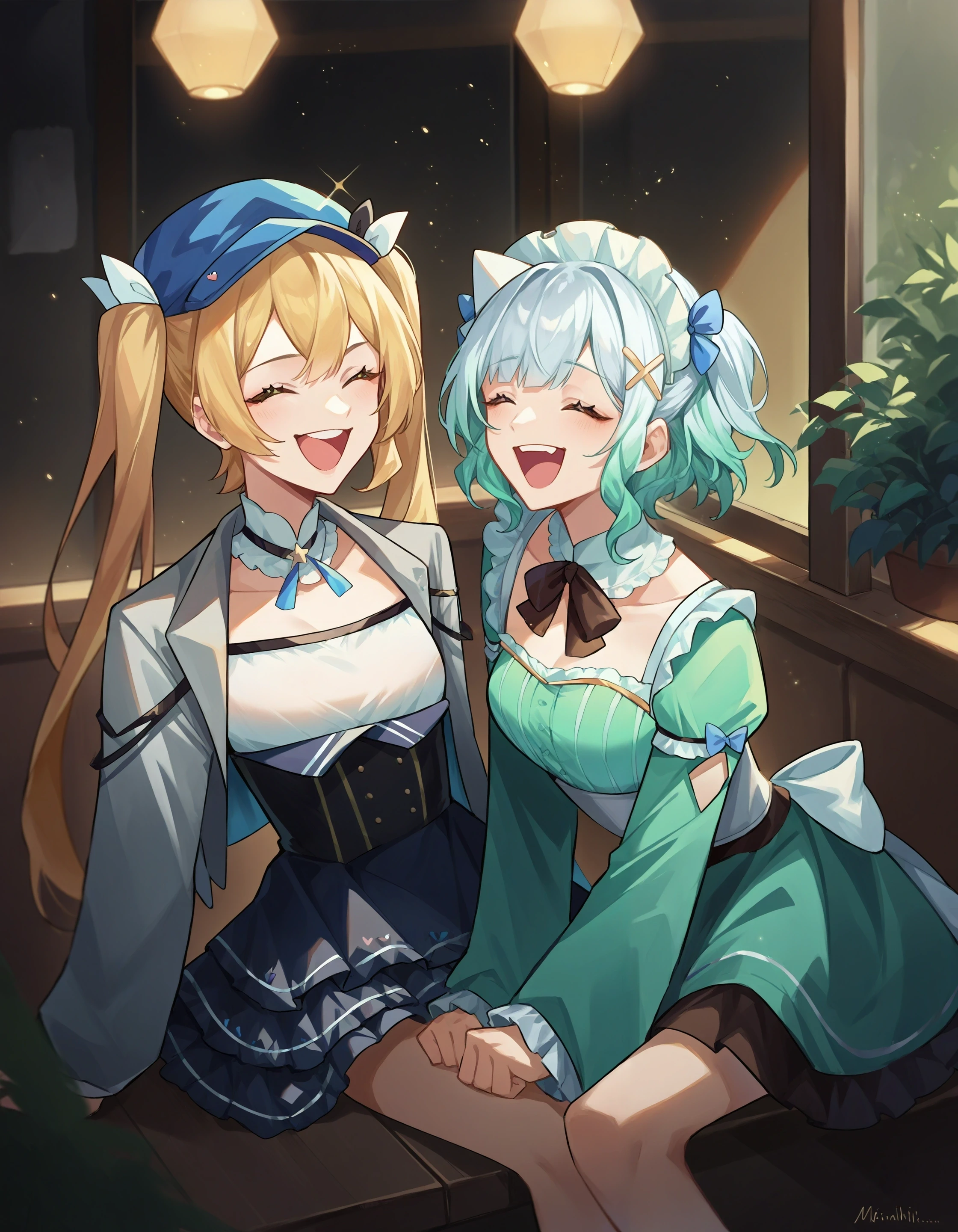 score_9, score_8_up, score_7_up, source_anime, 2girls, sitting together, cafe, laughing, light particles,
ADDCOMM
2girls, dokibrdcorset, corset, blue headwear, grey jacket, cabbie hat, bare leg, frilled skirt
ADDCOL
2girls, mint fantome \(frilly\), maid headdress,
<lora:char_dokibird-pony-v1.6:1> <lora:char_mintfantome-v2-pony_1_res:1>