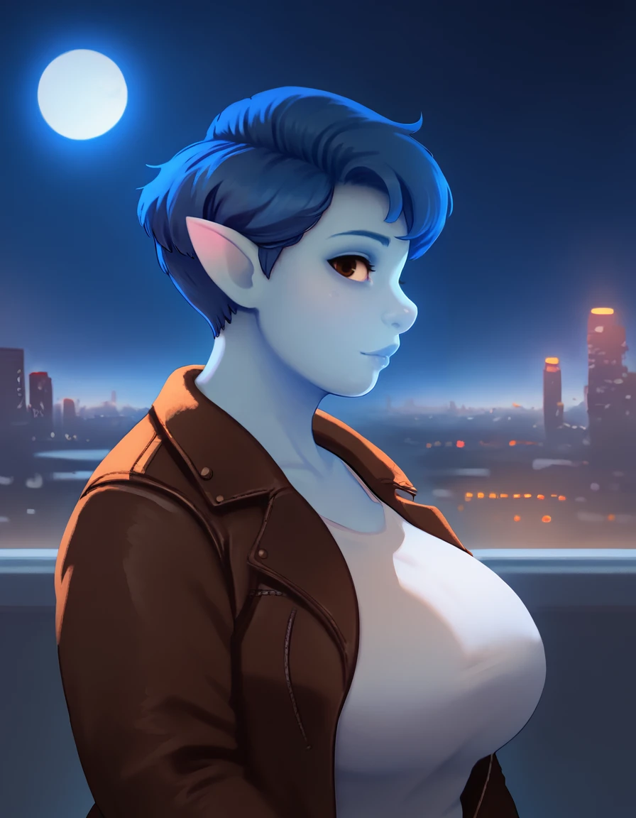 score_9, score_8_up, score_7_up,
laurelxl,2d, 1girl,solo, blue hair, blue skin, large breasts, looking at viewer, short hair, brown eyes, mature female, 
leather jacket, profile, t-shirt, night,moon,cityscape, city lights, 
<lora:laurelxl-000003:1>,  <lora:Smooth Anime 2 Style SDXL_LoRA_Pony Diffusion V6 XL:1>