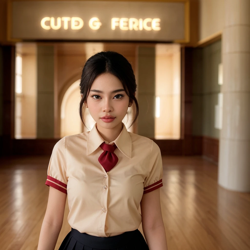 cinematic photo thai a woman holding a trophy in front of a building, uniform<lora:thai:1> . 35mm photograph, film, bokeh, professional, 4k, highly detailed