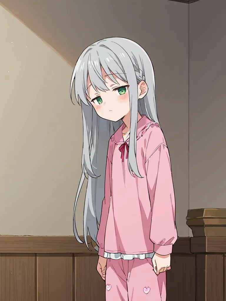 score_9, score_8_up, score_7_up, source_anime, 2D, flat colors, flat shadows, anime_screencap, <lora:lalabidunpony:1>,
1girl, solo, ciellalanciel, grey hair, long hair, hair down, green eyes, pink shirt, long sleeves, pink pants, pajamas, indoors, standing, half-closed eyes,