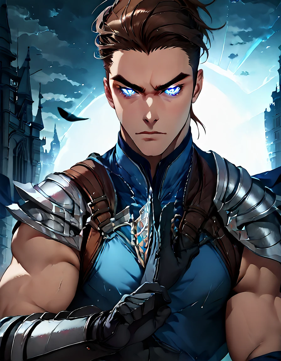 score_9, score_8_up, score_7_up, score_6_up, score_5_up, score_4_up, source_anime,  Shen, solo, looking at viewer, short hair, bangs, blue eyes, brown hair, shirt, gloves, 1boy, closed mouth, upper body, ponytail, weapon, male focus, outdoors, sky, sleeveless, black gloves, belt, sword, artist name, cloud, dark skin, armor, muscular, night, glowing, moon, dark-skinned male, thick eyebrows, cloudy sky, blue shirt, pectorals, muscular male, hand on own chest, shoulder armor, gauntlets, building, bara, glowing eyes, pauldrons, serious, breastplate, adjusting clothes, vambraces, manly, undercut, shoulder pads, biceps, castle, weapon on back, tower, adjusting gloves, single pauldron