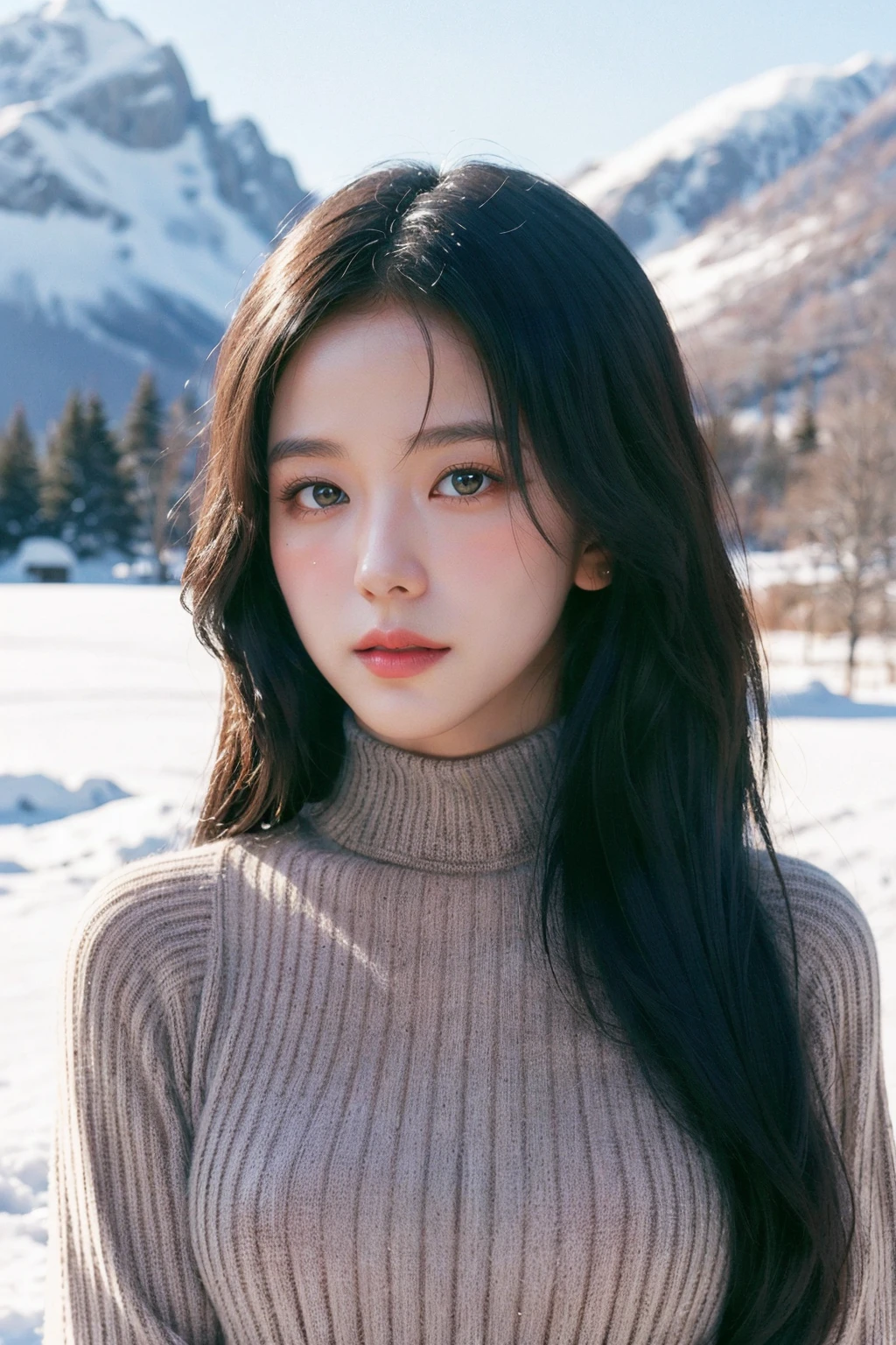 (masterpiece, best quality, high intricate details, realistic skin details, photo realistic),a beautiful girl is in (skinny turtleneck sweater),very sexy,long hair,prefect face,brown eyes,makeup,blush,lips,(looking at viewer),standing in the snow,winter,snow mountain,(film grain),35mm film,upper body,jisoo,<lora:Jisoo-01:0.9>,