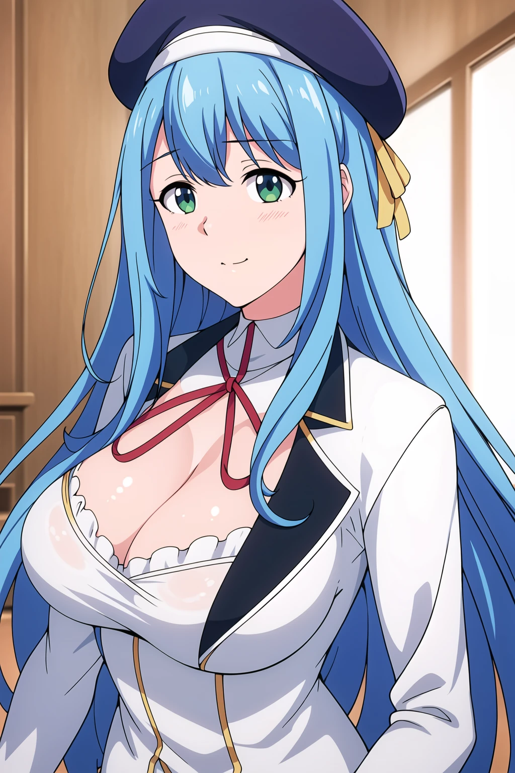 Simple White Background,
dynamic pose,standing at attention,
white shirt,red ribbon, cleavage cutout, long sleeves, frills, 
<lora:Sicily_Claude_KenjaMago-KK77-V1:0.7>,blue headwear, 
green eyes, blue hair,bangs,Long hair,
<lora:more_details:0.1>,<lora:Oda_Non_Style-KK77-V2:0.3>,<lora:Sexy_AIart-KK77-V1:0.3>,
1 girl, 20yo,Young female,Beautiful long legs,Beautiful body,
Beautiful Nose,Beautiful character design, perfect eyes, perfect face,expressive eyes,perfect balance,
looking at viewer,(Focus on her face),closed mouth, (innocent_big_eyes:1.0),(Light_Smile:0.3),
official art,extremely detailed CG unity 8k wallpaper, perfect lighting,Colorful, Bright_Front_face_Lighting,White skin,
(masterpiece:1.0),(best_quality:1.0), ultra high res,4K,ultra-detailed,
photography, 8K, HDR, highres, absurdres:1.2, Kodak portra 400, film grain, blurry background, bokeh:1.2, lens flare, (vibrant_color:1.2),professional photograph,
(Beautiful,large_Breasts:1.4), (beautiful_face:1.5),(narrow_waist),