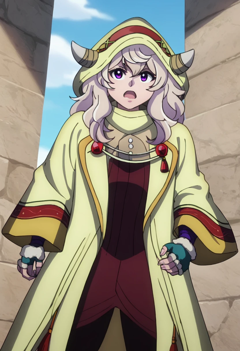 score_9, <lora:Animalia:1> animalia, 1girl, animalia, bangs, blue sky, boots, cloak, closed mouth, fingerless gloves, fur trim, hood, hood up, long hair, long sleeves, open mouth, pants, parody, purple eyes, robe, upper body, wide sleeves