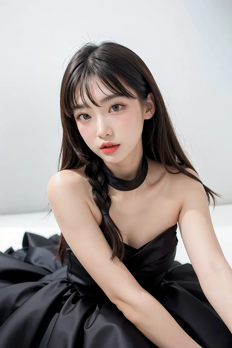 1girl, black dress, white background, <lora:uu_eung-02:1>