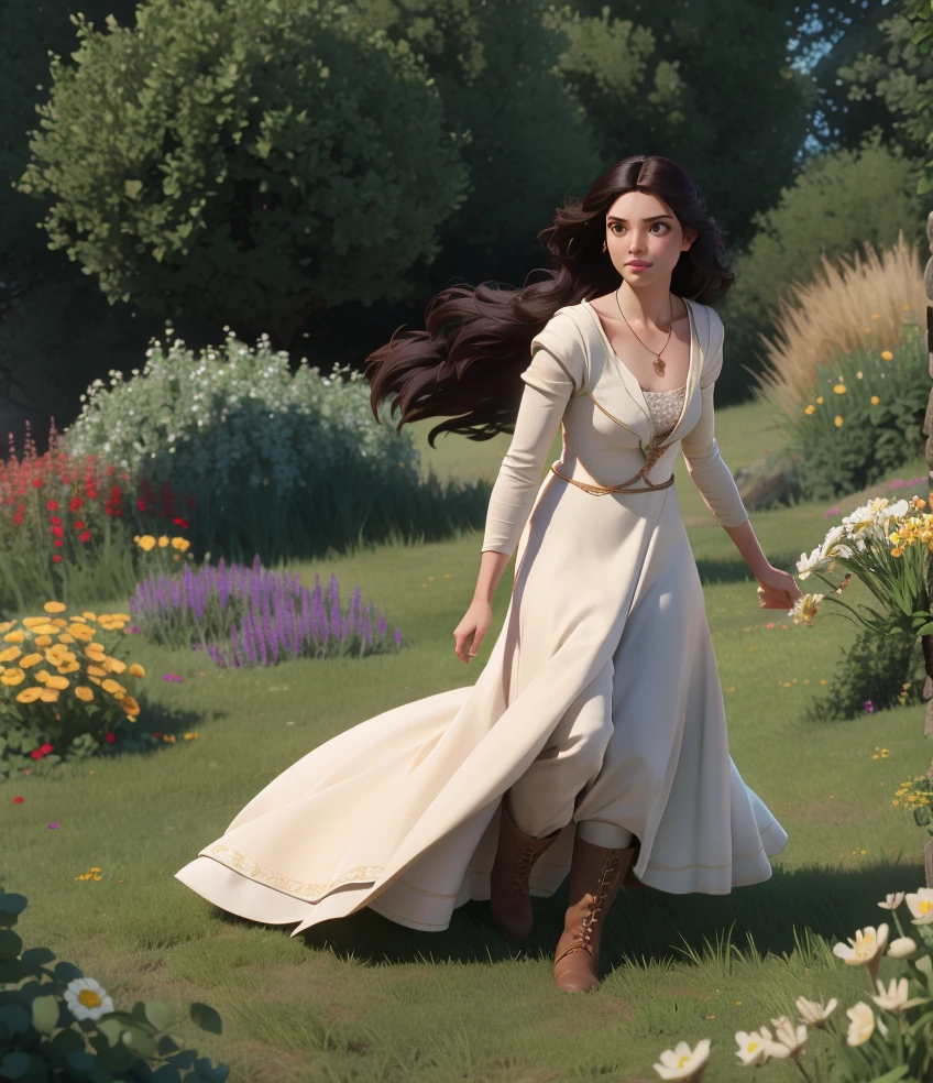 high res render, high quality, beautiful 3d render of a woman picking flowers, holding, long white dress, brown boots, pitch black hair, wind, atmospheric,  <lora:Merlin_TV-Show_Fashion:0.65> , merlin fashion, merlin style fashion, merlin dress, necklace, realistic, sunlight,