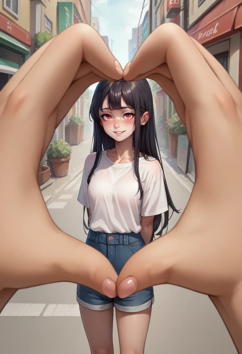 score_9, score_8_up, score_7_up, source_anime, 1girl, heart hands, pov, pov hands, <lora:POVHeartHands_XLPD:0.9>, outdoors, blush, arms behind back, red eyes, black hair, long hair, white shirt, short shorts, seductive smile, blush, street,