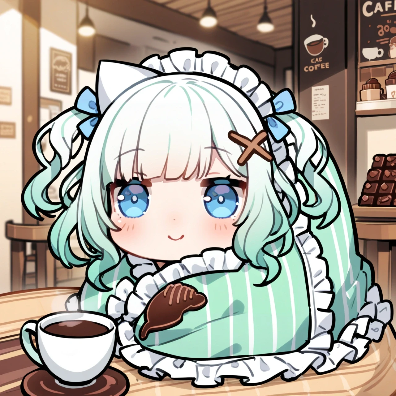 1girl, mint fantome \(frilly\), toridamono, 
chibi, frills, striped, blanket, cup of coffee,
cafe, chocolate, mint, detailed background, :>
<lora:char_mintfantome-v3_res:1>
<lora:concept_comfyblanket-v1.1-rls:1>