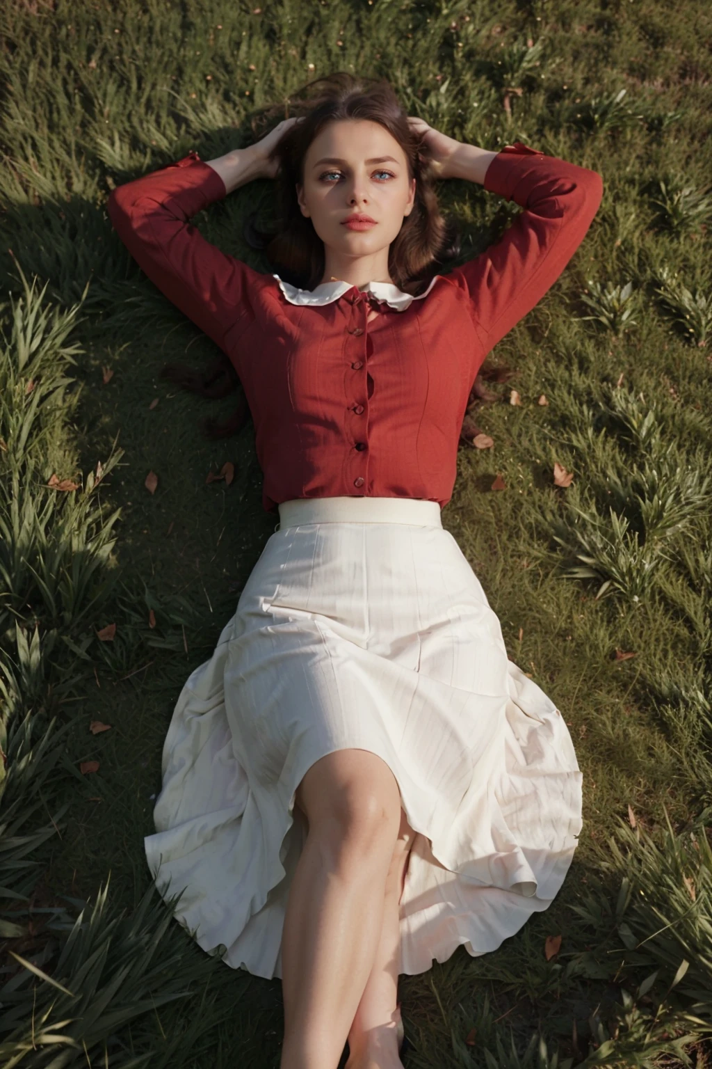 1940s Fashion, professional photo of 30yo woman shirt, long (red skirt), clothing details, (shoes), (laying back in the grass),4k, 8k, high quality, perfect lighting, detailed face and detailed eyes, skin detail,  solo focus, photography raw, (1940s grass), perfect lighting,  clean smooth skin, looking at camera, detailed eyes, pretty face, full body,   <lora:1940sFashion-000002:0.6>, laying back, from above, top view