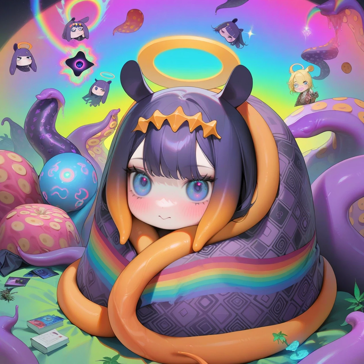 1girl, ninomae ina'nis, :>, halo, oshi no ko, ohisashiburi, nagu, guweiz, quasarcake,
chibi, blanket,
scenery, tentacles, tentacle, psychedelic, marijuana, magic mushroom, lsd, acid, 420, hallucination, mind expansion, cosmic journey, spiritual awakening, rave, goa, rainbow gradient, pattern, black hole,
<lora:concept_comfyblanket-v1.1-rls:1>