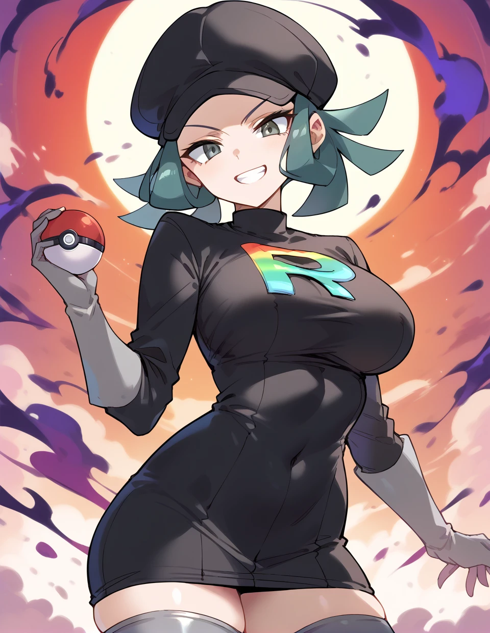 score_9,score_8_up,score_7_up,score_6_up,score_5_up,score_4_up,
1girl,solo,<lora:rainbow rocket grunt_pony:1>,rainbow rocket grunt,gloves,hat,black headwear,team rocket,cabbie hat,large breasts,long sleeves,black miniskirt,poke ball (basic),medium hair,evil smile,posing,grey legwear