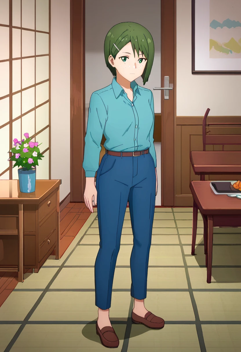 score_9, <lora:koujiro_rinko:1> koujiro_rinko, 1girl, anime coloring, closed mouth, collared shirt, freckles, green eyes, green hair, hair ornament, hairclip, koujiro_rinko, looking at viewer, short hair, solo, full body