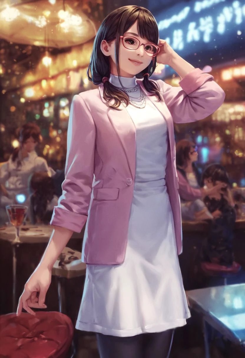 score_9_up, score_8_up, score_7_up, score_6_up, score_5_up, score_4_up, yuki_kiwami2, glasses, brown eyes, pink jacket, white turtleneck dress, necklace, black pantyhose, cute smile, in a nightclub, (painted art:1.3)