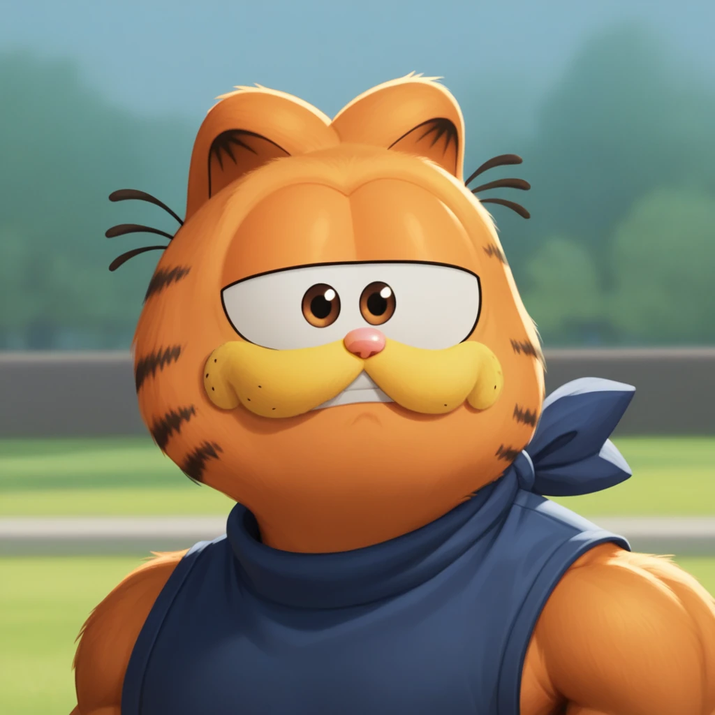 score_7_up, BREAK, no humans, Garfield, solo, brown eyes, orange fur, cat ears, <lora:Garfield_XL_Leaf1v2:1>, muscular, blurry background,