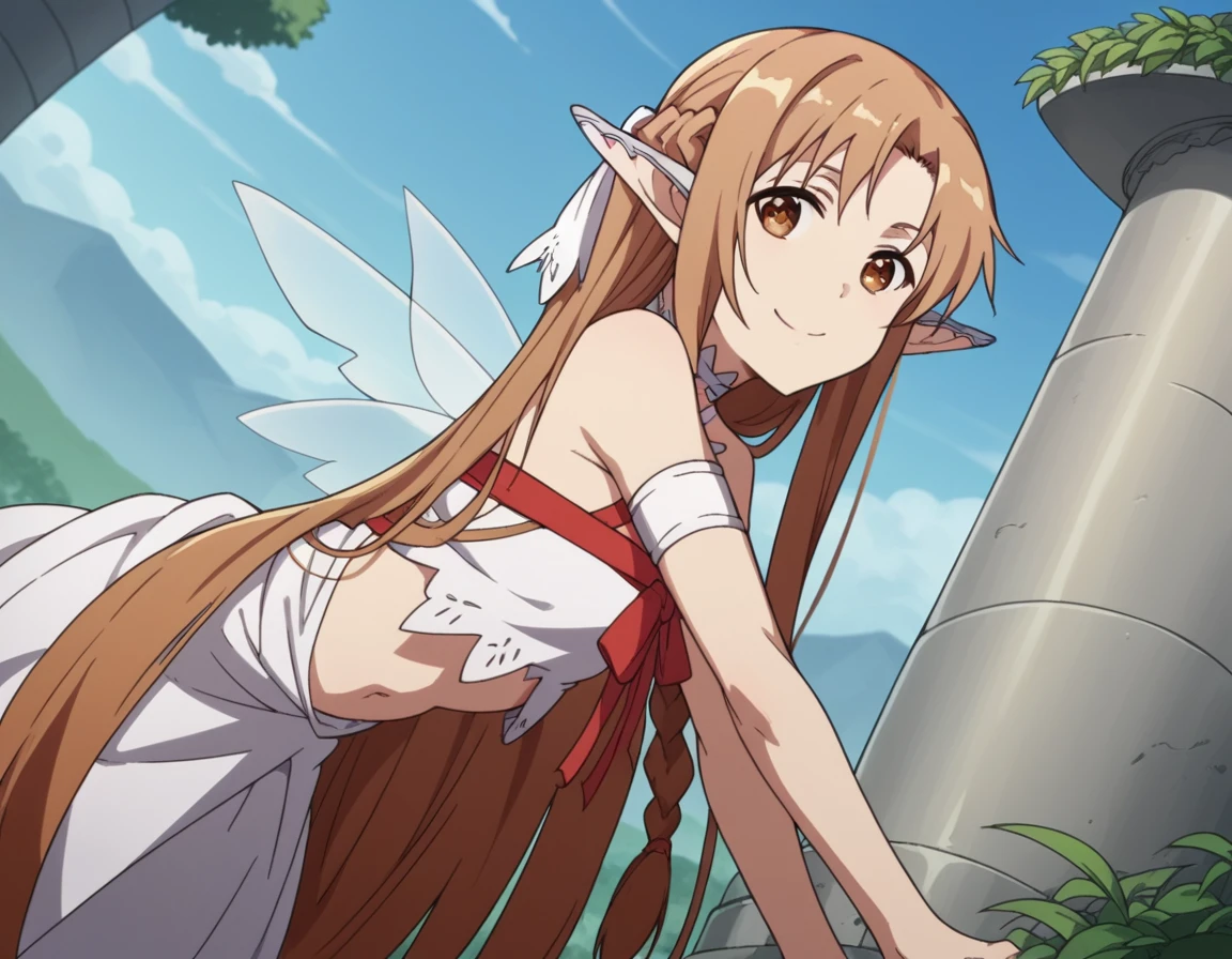 score_9, score_8_up, score_7_up, source_anime,
asunayuuki, <lora:asuna-yuuki-alo-s1-ponyxl-lora-nochekaiser:1>,
asuna yuuki, long hair, brown hair, brown eyes, very long hair, braid, pointy ears, elf, ear covers,
navel, bare shoulders, midriff, dress, white dress, ribbon, red ribbon, fairy, fairy wings,
outdoors, landscape, smile, bent over,
cowboy shot, looking at viewer, solo, dutch angle,