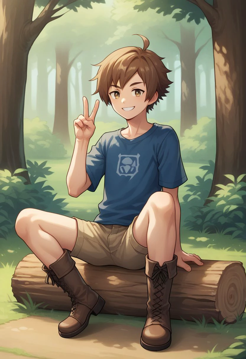 sscore_9, score_8_up, source_anime, highly detailed, 1boy, solo, skinny,
yew, solo, 1boy, brown hair, male focus, short pants, boots, shirt, ahoge, smile, v sign, upper body,
outdoor, wood, log, sit,