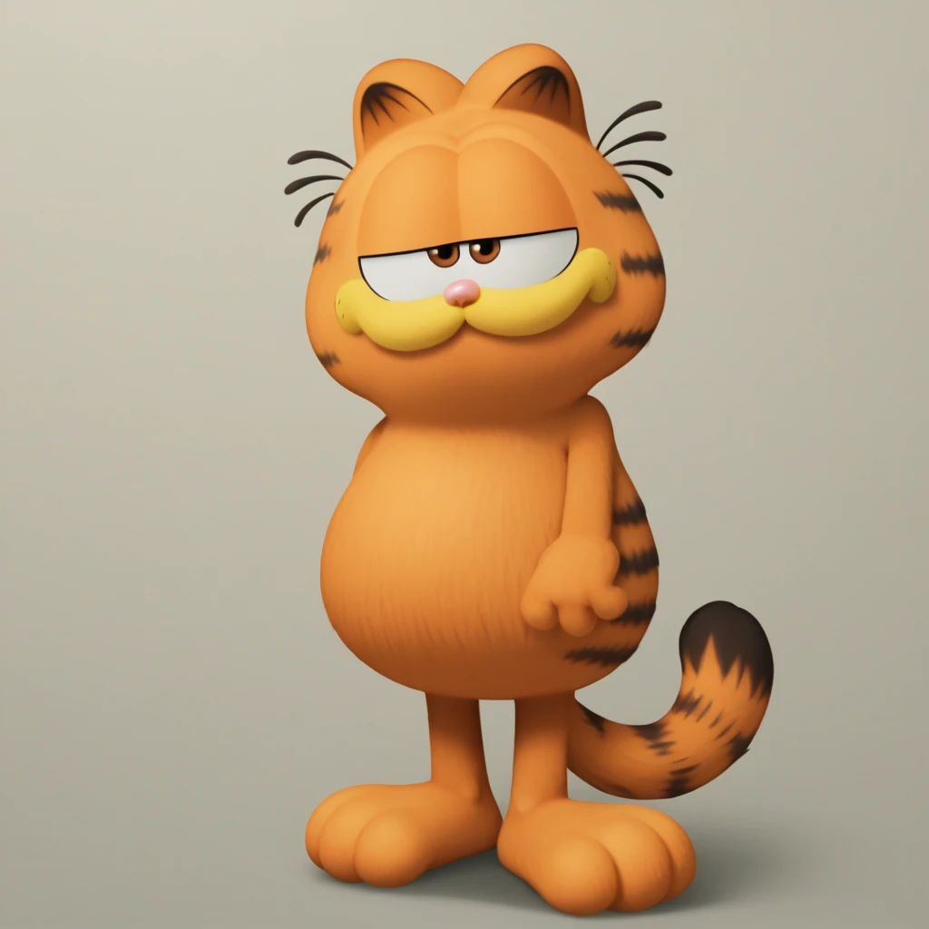 score_7_up, BREAK, no humans, Garfield, solo, brown eyes, orange fur, cat ears, <lora:Garfield_XL_Leaf1v2:1>, full body, standing,