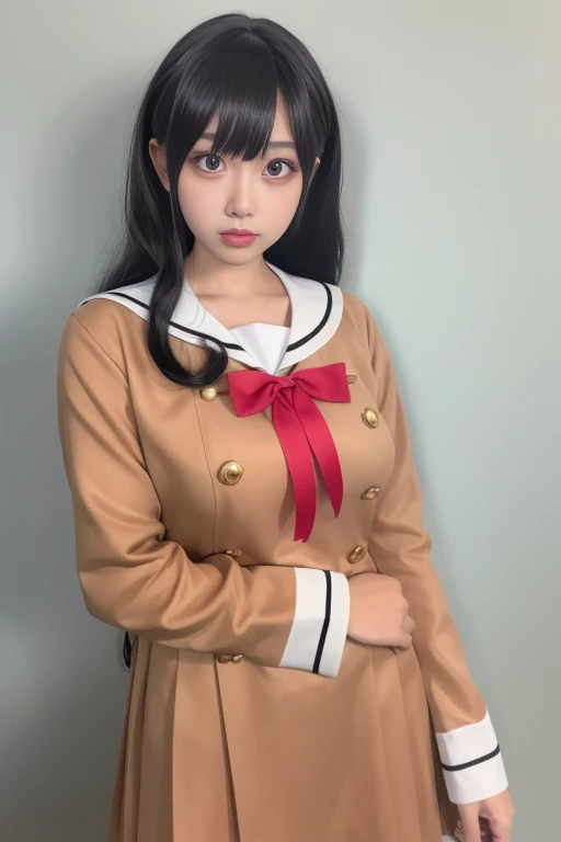 ltra-detailed,highly detailed,best quality,masterpiece,illustration,realistic,photorealistic,
bangdream, 
1girl, solo, cosplay, 
school uniform, serafuku, sailor collar, long sleeves,sailor dress, 
buttons, bow, bowtie, double-breasted, 
long hair, bangs, black hair, 
looking at viewer, cowboy shot, 
grey background, simple background, 
 <lora:bangdream_hxc_v1_04:0.8>