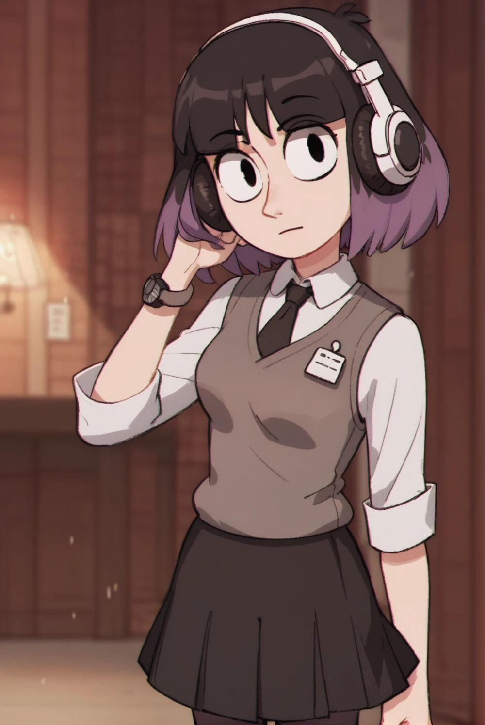 Score_9, Score_8_up, score_7_up, score_6_up, 1girl, solo, 1kaisa1, black hair, black eyes, official style, white shirt, grey vest, black skirt, pantyhose, headphones, looking at viewer<lora:EMS-385050-EMS:1.000000>