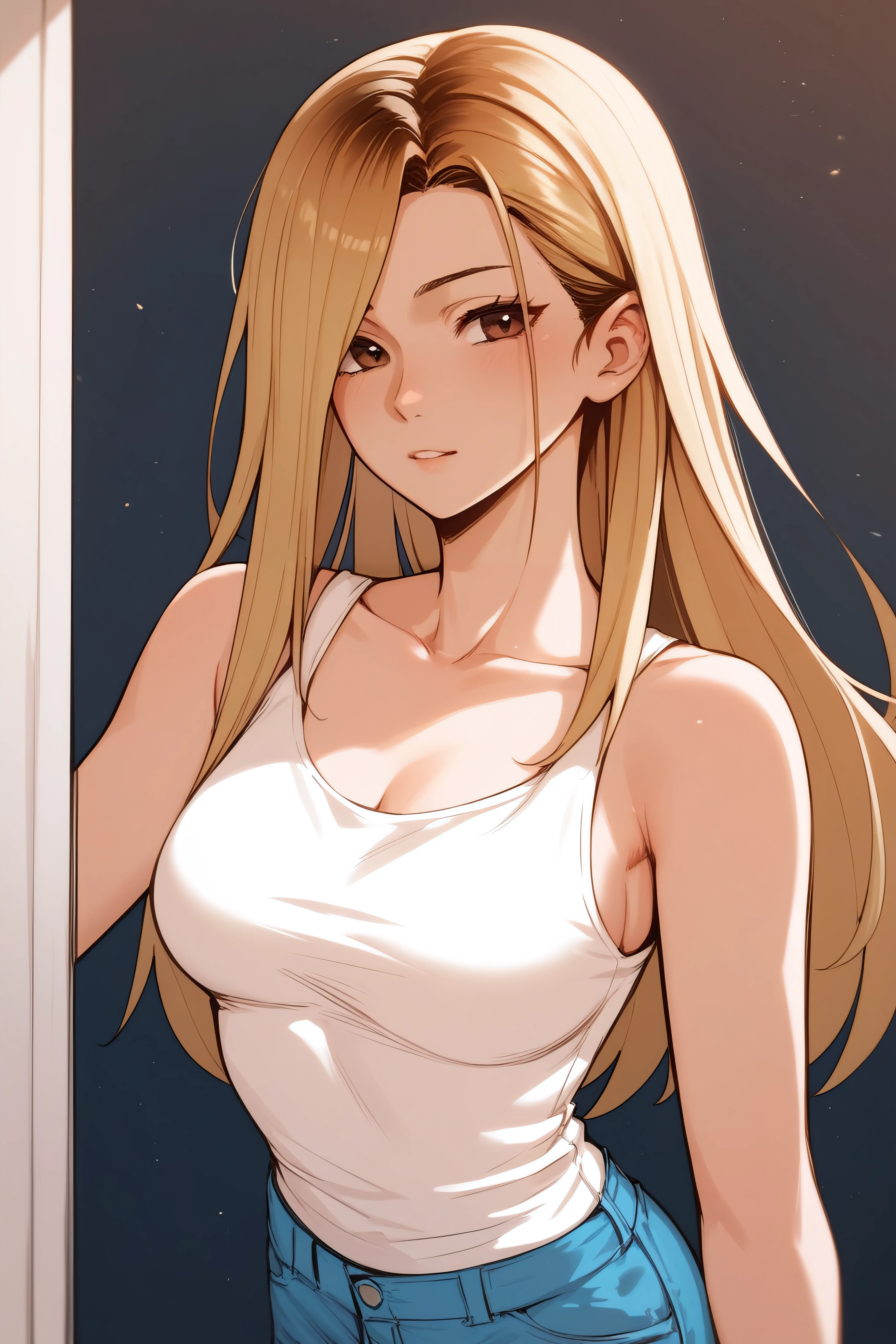 score_9, score_8_up, score_7_up, <lora:Jia Han-PonyXL-lora-Faxtron:0.8> jia han, brown eyes, blonde hair, multicolored hair, long hair, medium breasts, white tank top, bare shoulders, collarbone, sleeveless, blue denim shorts, standing,