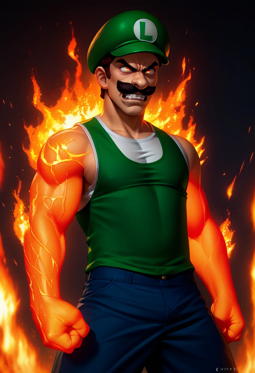 score_9, score_8_up, score_7_up, source_anime, 1boy, glowing veins, glowing body, <lora:EnergyVeins_XLPD:1.2>, shirt, shorts, sleeveless, <lora:Luigi_XLPD:1> Incrsluigi, luigi, green headwear, furious, rage, fire, burning,