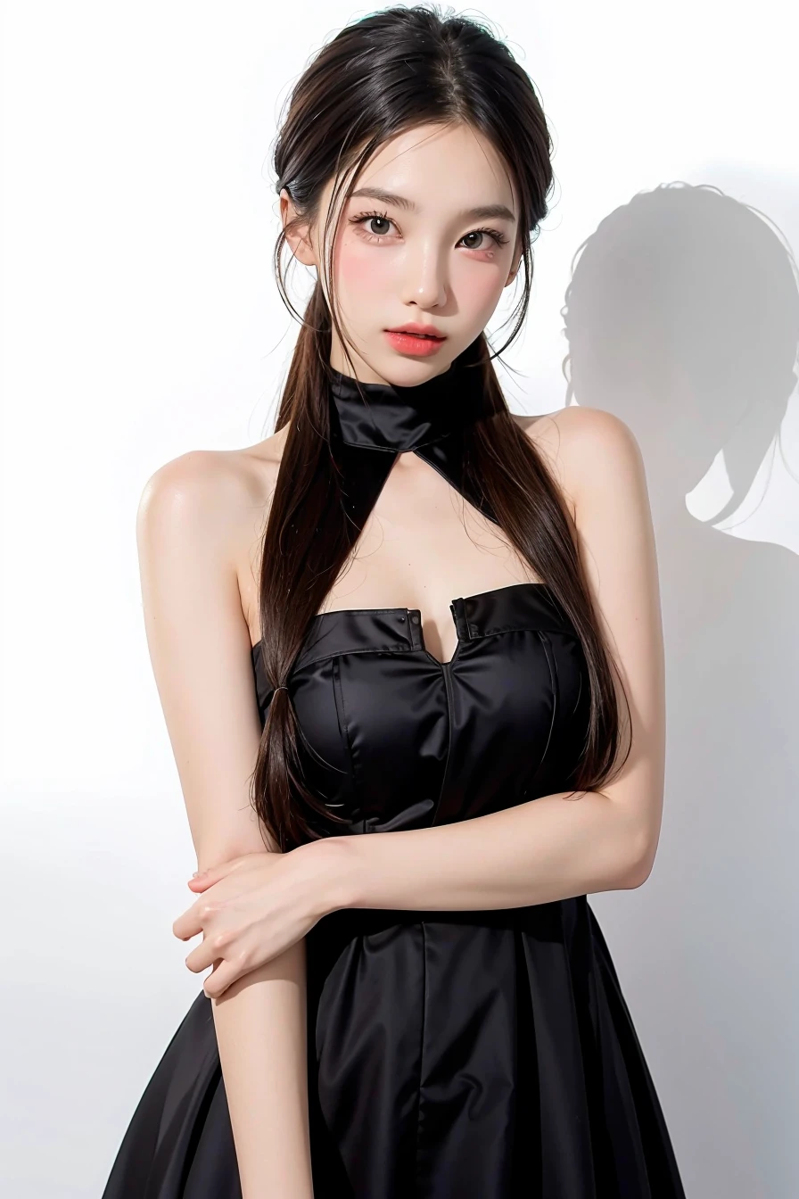 1girl, black dress, white background, <lora:uu_eung-02:1>