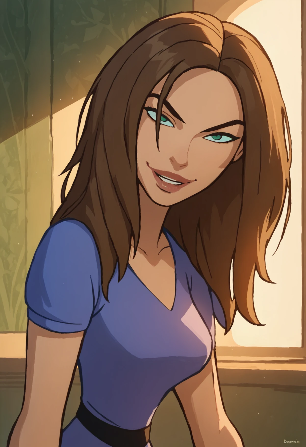 bonnie, 1girl, brown hair, solo, , long hair, green eyes, smile, dress, light smile,indoors, looking at viewer,lips, <lora:BonniePony1.0:1.0>, score_9, score_8_up, score_7_up, score_6_up, score_5_up, score_4_up