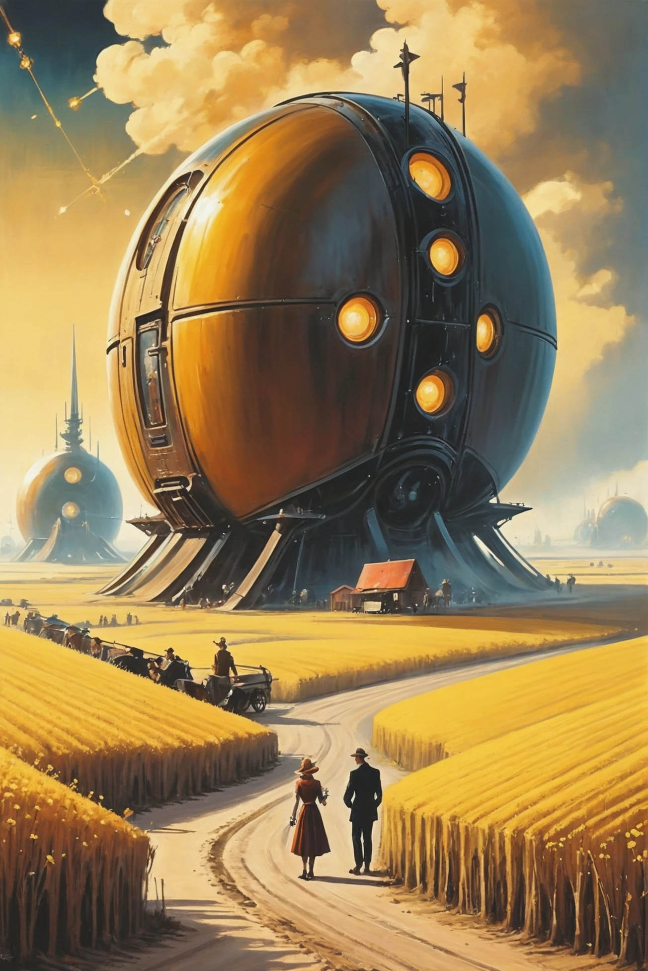 retro 1940s scifi painting, magical scifi settlement in a Golden Fields<lora:EnvyStarlightRetro02:1.25>