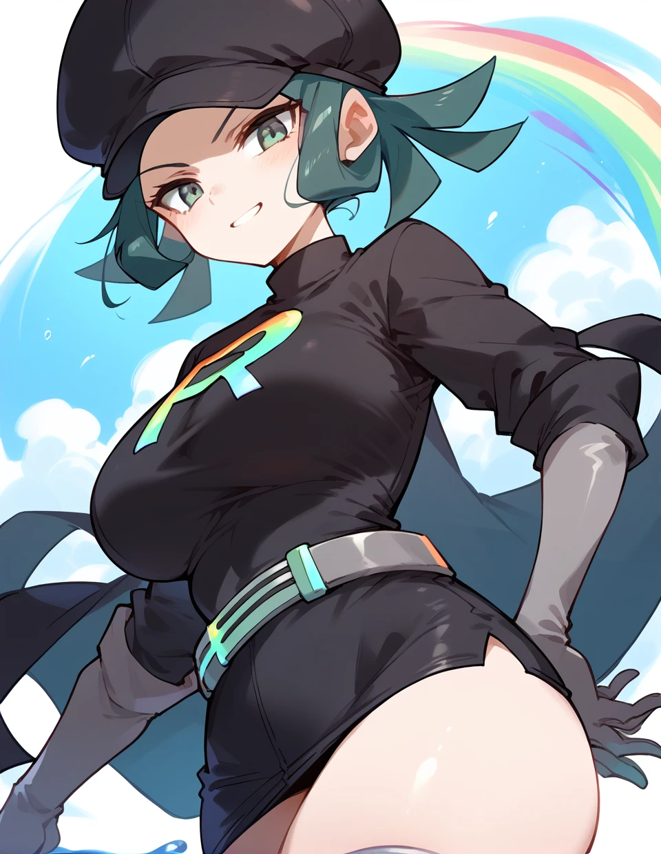 score_9,score_8_up,score_7_up,score_6_up,score_5_up,score_4_up,
1girl,solo,<lora:rainbow rocket grunt_pony:1>,rainbow rocket grunt,gloves,hat,black headwear,team rocket,cabbie hat,large breasts,short dress,zettai ryouiki,