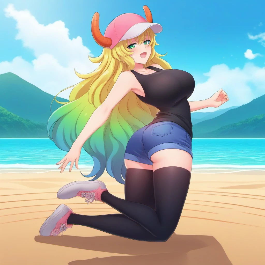 anime artwork a full body woman, massive breast, cleavage, black top, heterochromia, long gradient hair, thighhighs, orange horns through pink baseball cap, jeans shorts, red cheeks, view from top, beach  background  <lora:Lucoa1024:0.8> . anime style, key visual, vibrant, studio anime,  highly detailed