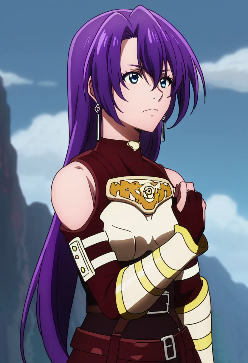 score_9, <lora:Arthur_Pencilgon:1> arthur pencilgon, 1girl, armor, arthur pencilgon, bare shoulders, blue eyes, closed mouth, earrings, fingerless gloves, gloves, hair between eyes, long hair, portrait, purple hair, solo