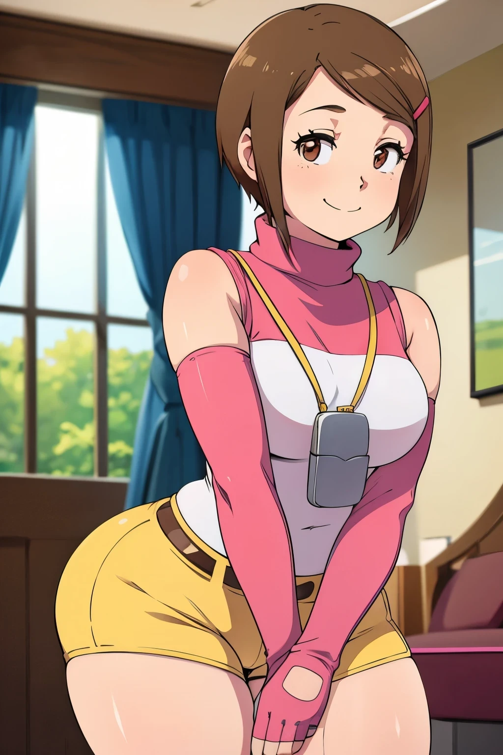 1girl, solo, brown hair, short hair, hairclip, gloves, brown eyes, elbow gloves, yellow shorts, smile, fingerless gloves, sleeveless, pink gloves, turtleneck, thighs