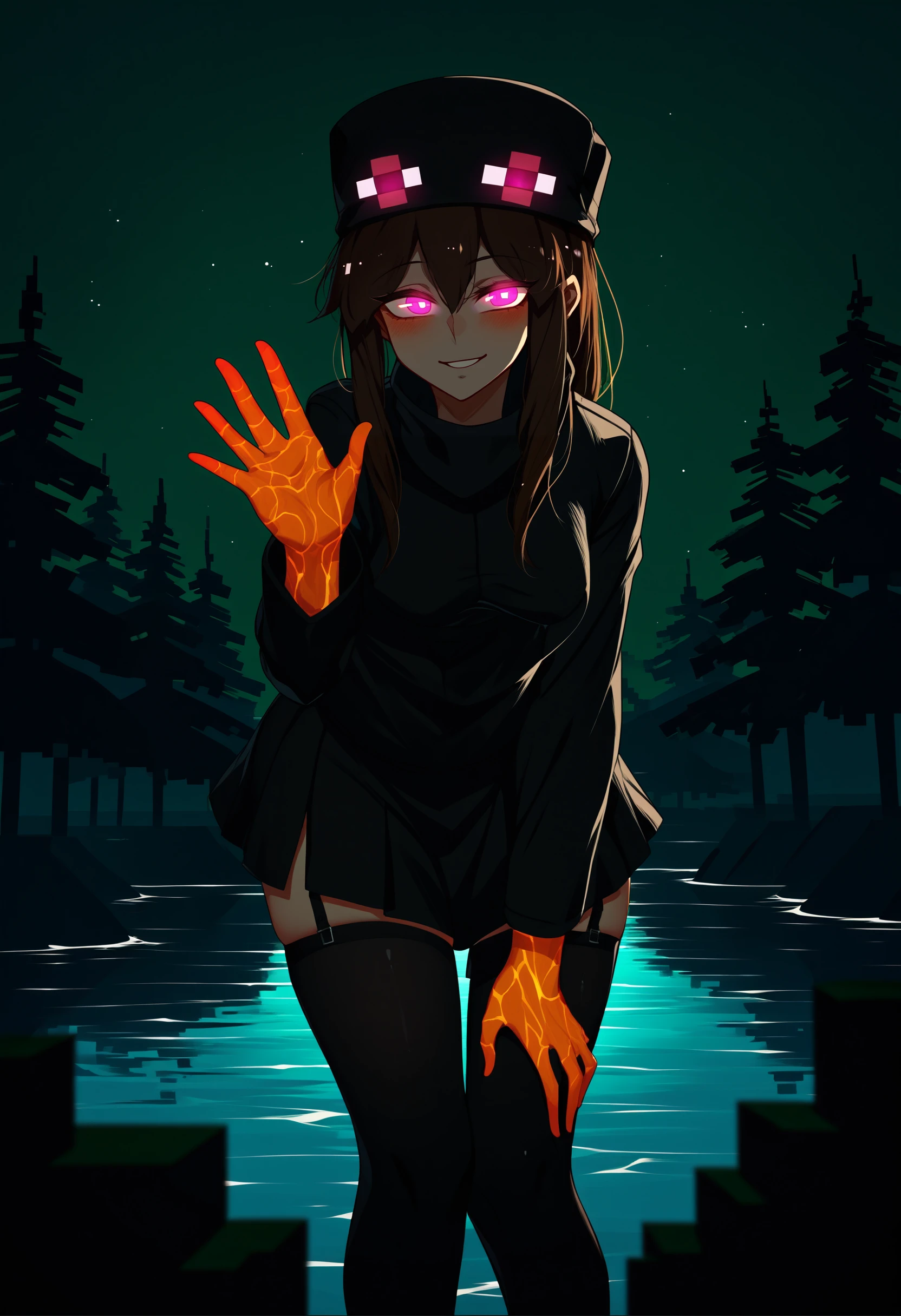 score_9, score_8_up, score_7_up, source_anime, glowing veins, glowing body, <lora:EnergyVeins_XLPD:1.2>, <lora:Enderman_XLPD:1> Enderman-chan, black jacket, high collar, enderman hat, black skirt, black thighhigh, garter straps, glowing, glowing eyes, outdoors, day, sunlight, tree, minecraft, water, sea, ocean, leaning forward, seductive smile, cowboy shot, (waving:1.1), waving at viewer, hand on knee, thick thighs, medium breasts, night, dark environment