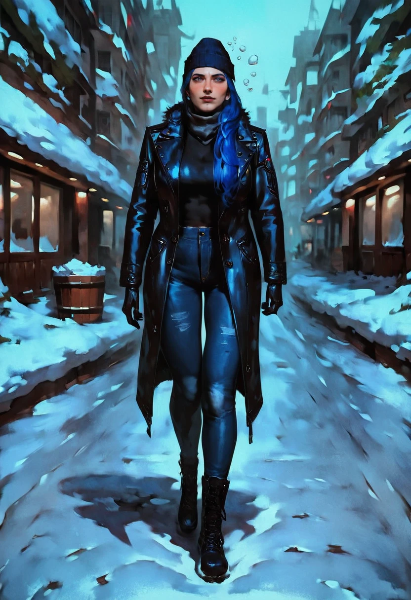 <lora:RavenPXL:0.8>, RavenPXL, blue hair, 1girl, solo, winter, white plastic see-through long coat, black denim cargo pants,
, combat boots, black beanie, very longe black scarf, leather gloves, Walking Away, full body, Drunk, 
realistic, detailed skin, realistic, wide hips, thick thighs, large breasts, detailed skin, detailed eyes,