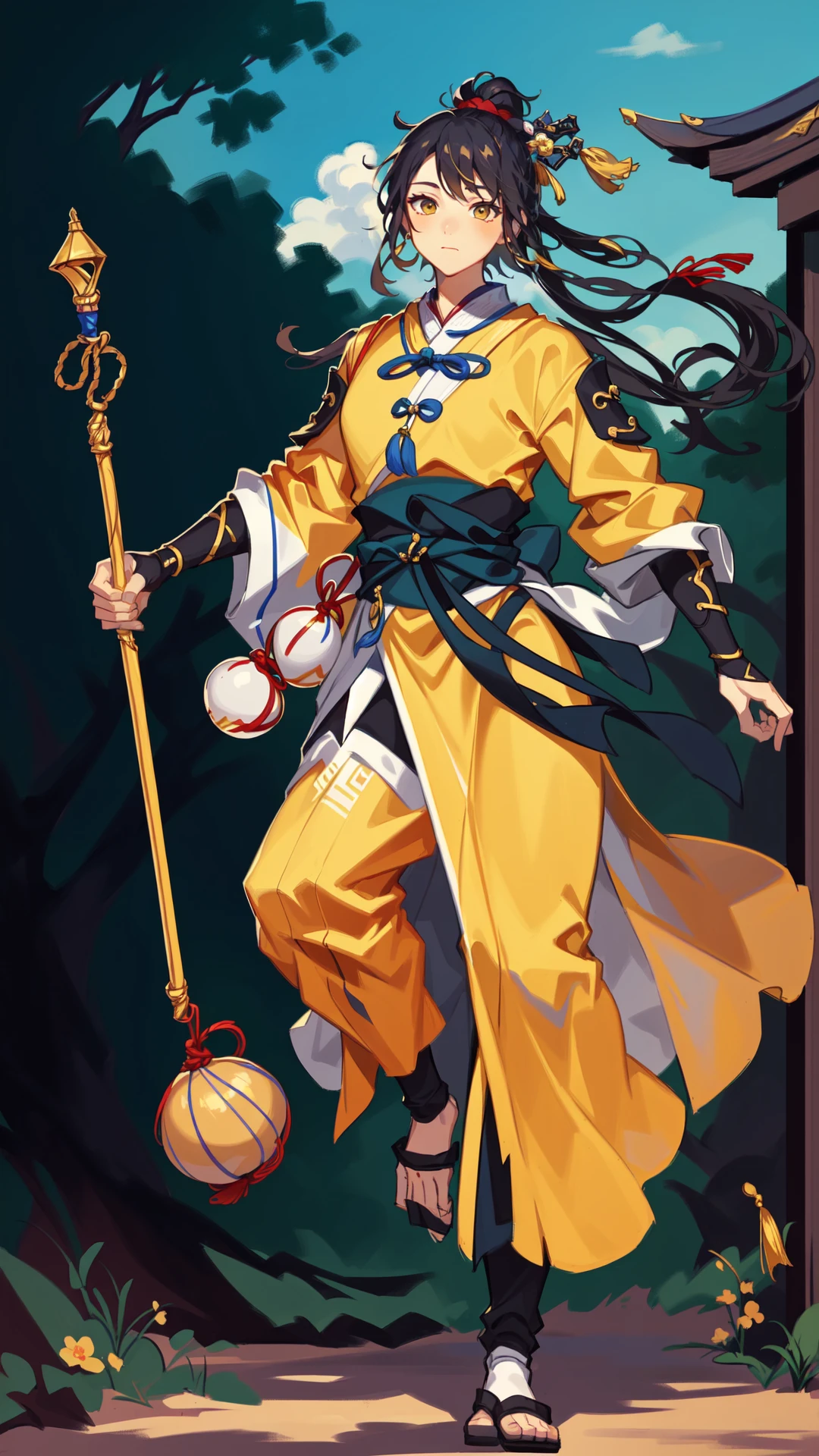 ((gosk)), (((holding staff))), ((gourd hang on staff)), (((1boy))), ((male focus)), (((yellow clothes))), staff, over shoulder, centered, (((full body view))), (((dynamic pose))), (((outdoors, medieval fantasy, chinese, wuxia, forest background))), 8k, 16k, trending on pixiv, fanbox, skeb, masterpiece, detailed face, digital painting, (best quality, ultra detailed), (detailed background:1.2), (perfect face, detailed face), <lora:sd_v15_dpo_lora_v1:0.8>,  <lora:gosk:0.8>