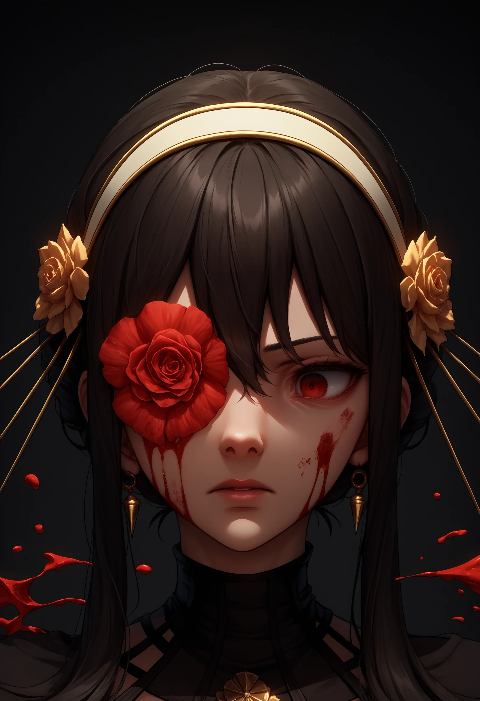 score_9, score_8_up, score_7_up, source_anime, flower over eye, one eye covered, <lora:FlowerOverEye_XLPD:1>, upper body, yor briar, black hair, black dress, blood, blood on face, blood from eyes, black background, glass, shattered,