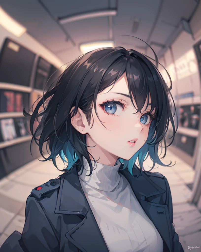 1girl, black hair, blue eyes, blurry, blurry background, blurry foreground, building, chromatic aberration, coat, depth of field, detective coat, detective jacket, fisheye, grey coat, lips, looking at viewer, medium hair, messy hair, motion blur, photo inset, pov, realistic, short hair, turtleneck, upper body,
(dynamic angle:1.4), 
 <lora:Detective_FIles:0.8> detective jacket, detective coat,