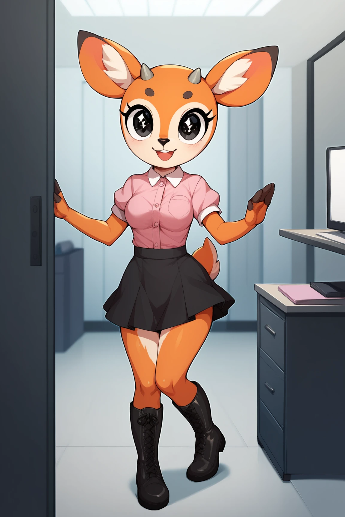 score_9, score_8_up, score_7_up, score_6_up, score_5_up, score_4_up, TsunodaAOXL, anthro furry, furry female, orange fur, two-tone fur, big eyes, black eyes, sparkling eyes, snout, deer ears, grey horns, tail, medium breasts, pink blouse, short sleeves, black skirt, black boots, solo, standing, dynamic pose, seductive smile, looking at viewer, interior, office <lora:TsunodaAOXL:0.8>