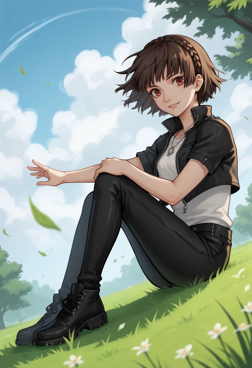 score_9, score_8_up, score_7_up, source_anime, 1girl, sitting, knee up, hand on knee, looking at you, smile, BREAK <lora:MakotoP5-pdxl:1> p5sMako, short hair, crown braid, black cropped jacket, open jacket, white shirt, short sleeves, necklace, black pants, black shoes, outdoors, wind, grass, sky, tree