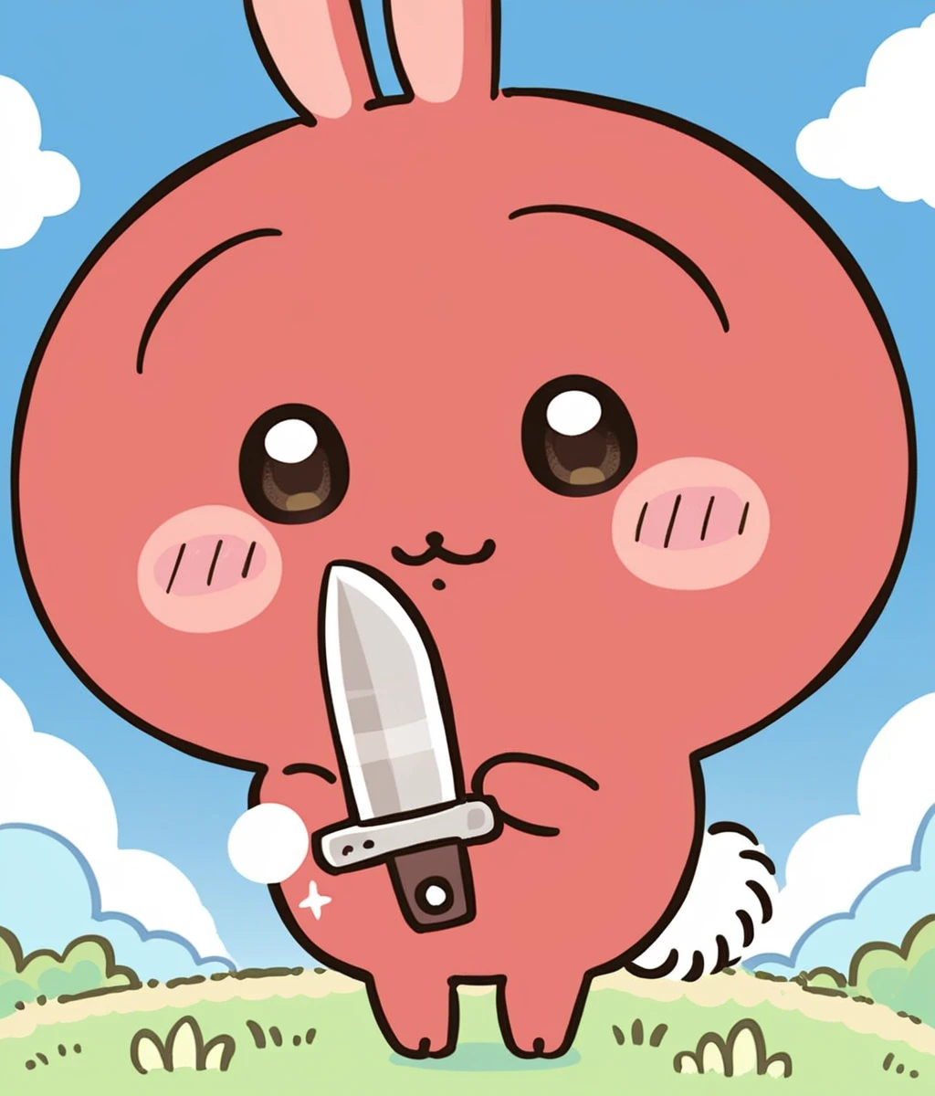 Score_9,score_8_up,score_7_up,source_anime,1girl,solo,bunny,chibi,no humans,furry,:3,blush stickers,(red skin),cuteg,cartoonized,looking at viewer,holding knife,on grass,outdoors,blue sky,dreepy,<lora:Role_Usagi_Chiikawa>,