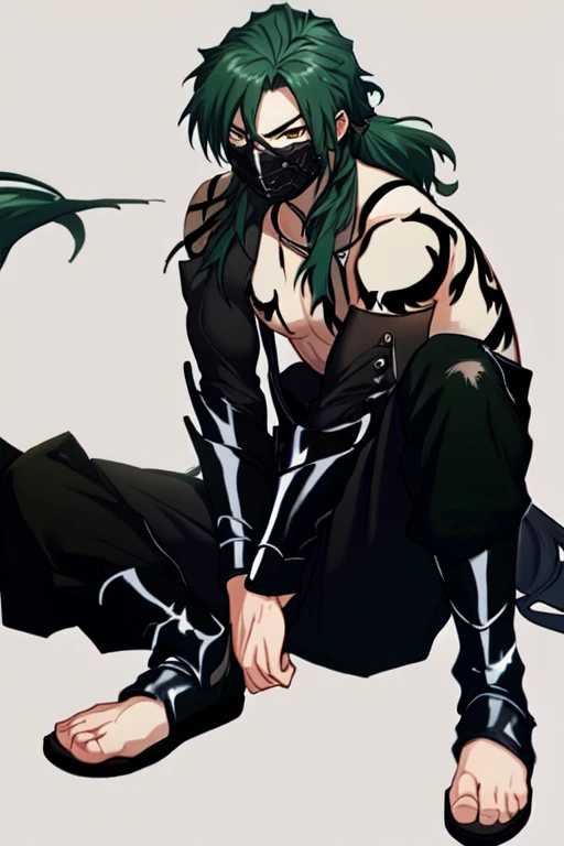 (masterpiece),(best_quality),armor,1boy,Kongouyasha,body tattoo,green hair,toeless footwear,mask,bare pectorals,<lora:Kongouyasha:1>,