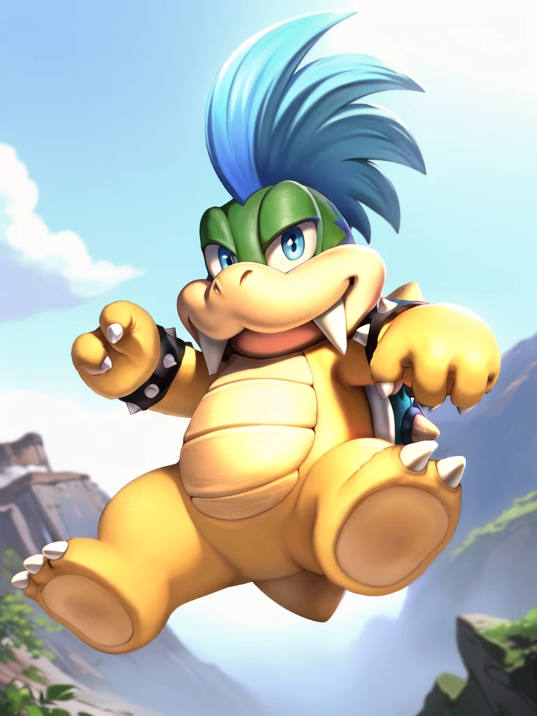 <lora:LarryKoopa-LoRA:1> uploaded on e621, anime style, ultra detailed, 4k, hi res, wonderful art, masterpiece, best quality, extremely beautiful, larrykoopa, nintendo, mario bros, (male, solo), koopa, scalie, reptile, blue hair, mohawk, blue eyes, fangs out, 4 fingers, spiked armlets, blue shell, spiked shell, tail, looking at viewer, happy, smile, jumping, full-length portrait, outdoors