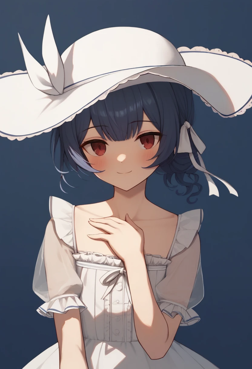 score_9,score_8_up,score_7_up,<lora:morino_rinze_pony:1>,hand_on_own_chest, frilled_dress, simple_background, dot_nose, upper_body, white_ribbon, blush, highres, gradient_background, short_sleeves, white_dress, dress, white_hat, solo, see-through_sleeves, hat, smile, from_side, ribbon, hat_ribbon, closed_mouth, collarbone, frills, morino_rinze, see-through, blue_background, looking_at_viewer, hand_up, 1girl, flat_chest