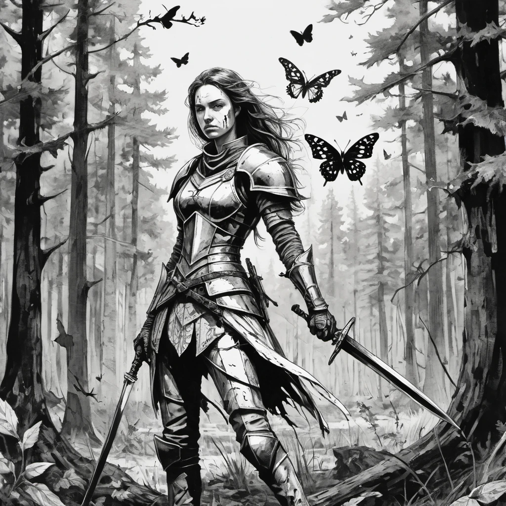 Fresh and creative pen strokes,Black and white style. Clear lines. (monochrome:0.7),cowboy shot, a woman in broken and dirty armor holding a sword in a forest with a butterfly flying by her side, with a forest background,(Defeated knight, torn armor, tattered closed and a portrait), fantasy character, ink jet, pen drawing, line arrangement.