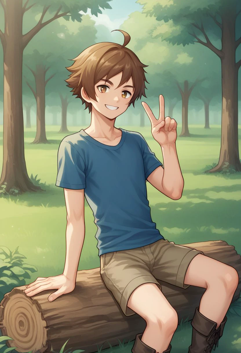 sscore_9, score_8_up, source_anime, highly detailed, 1boy, solo, skinny,
yew, solo, 1boy, brown hair, male focus, short pants, boots, shirt, ahoge, smile, v sign, upper body,
outdoor, wood, log, sit,