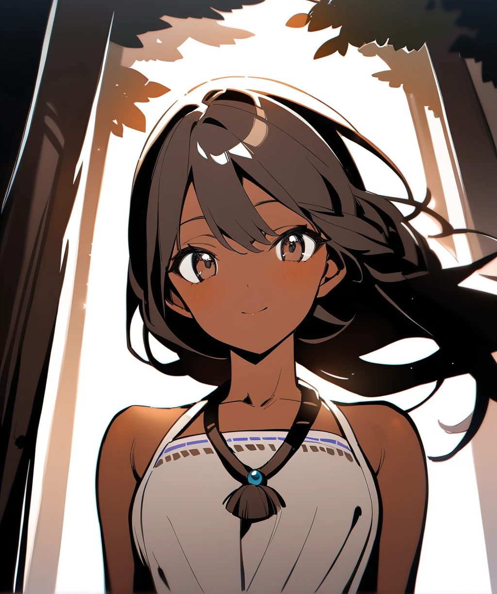 (masterpiece:1.2), (best quality:1.2), ultra-detailed, best shadow, detailed background, high contrast, (best illumination, an extremely delicate and beautiful),pokemon anime style, ((cinematic light)), hyper detail, dramatic light, intricate details, 8k, anime, very aesthetic, a beautiful dark brown haired girl, very long messy hair, beautiful detailed deep brown eyes, brown skin, tan skin, native american, cute and beautiful face, relaxed smile, medium breasts, short brown sleeveless knee length deerskin dress, brown rope belt tassels on the hem, brown moccasins, red feather headdress, brown string bracelet, brown string necklace with beads, loose french braid with beads, turned around, leading viewer, (portrait:1.1), eye level view, colorful, walking, in a dense hilly deciduous forest, late autumn season, orange leaves blowing in the wind, windy weather, crepuscular lighting, dress blowing in the wind, hair blowing in the wind
<lora:Tan_Pokemon_Anime_style_girl:1>