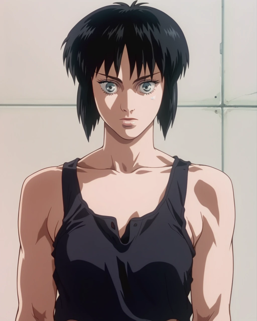 score_9, score_8_up, score_7_up, zPDXL,retro artstyle, <lora:Ghost_In_The_Shell_style:1>ghostintheshellstyle, retro anime, 1girl, kusanagi motoko, tank top, short hair, black hair, dark
