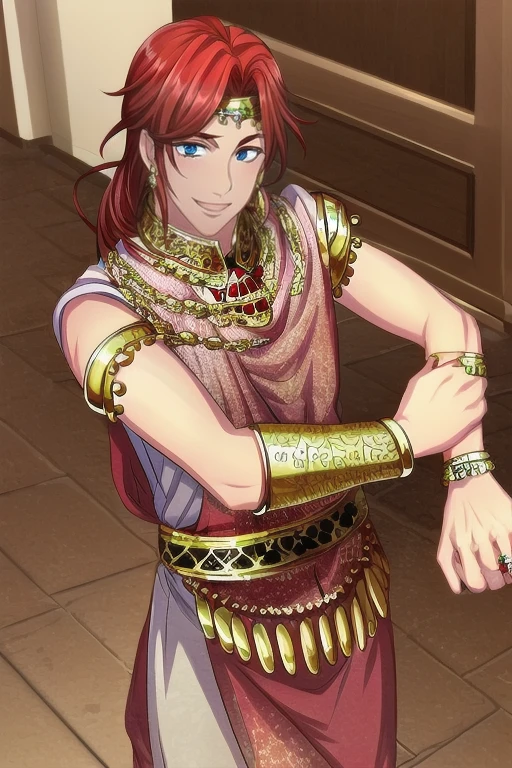 (masterpiece),(best_quality),1boy,Kongouka,greek clothes,low ponytail,jewelry,armlet,ring,smile,<lora:Kongouka:1>,